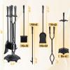 imageFEED GARDEN Fireplace Tools Set 5 Pieces Modern 32 Inch Outdoor Wrought Iron Fireplace Accessories Set with Log Holder Poker Tong Shovel Brush Base Black