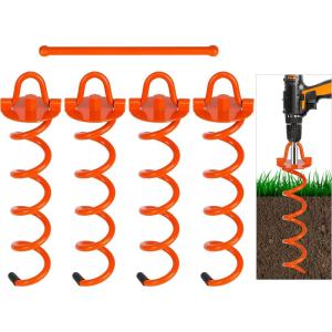 imageFEED GARDEN 16 Inch Spiral Ground Anchors Heavy Duty Screw in Spiral Stakes 4 Pack Folding Ring Ground Stakes for Securing DogsTents Trampolines Canopies Swing SetsGreenOrange