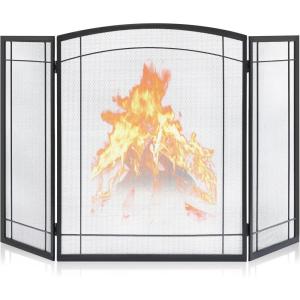 imageFEED GARDEN 3 Panel Fireplace Screen 48quot W x 29quot H Modern Foldable with Wrought Metal Decorative MeshArch Heavy Duty Fire Spark Guard Cover for Home Decor Indoor BlackBlack