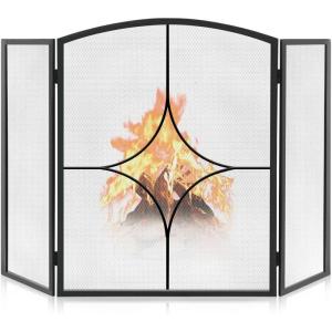 imageFEED GARDEN 3 Panel Fireplace Screen 48quot W x 30quot H Modern Foldable with Wrought Metal Decorative MeshArch Heavy Duty Fire Spark Guard Cover for Home Decor Indoor Black