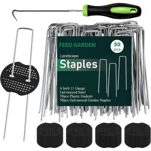 imageFEED GARDEN 6 Inch 50 Pcs Galvanized Landscape Staples 50 Pcs Gaskets Pick Hook Garden Stakes 11 Gauge AntiRust Landscaping Fabric SOD Pins U Shaped Yard Turf Stakes for Weed Barrier Fabric50