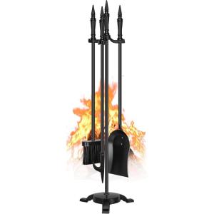 imageFEED GARDEN Fireplace Tools Set 4 Pieces 31 Inch Modern Indoor Outdoor Wrought Iron Fire Place Set Tools Black Fireplace Accessories Included Poker Shovel Brush Base