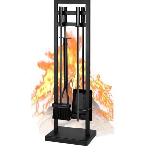 imageFEED GARDEN Fireplace Tools Set 5 Pieces 30 Inch Modern Wrought Iron Outdoor Fireplace Accessories Set Long Holder Indoor with Poker Tong Shovel Brush Base Black