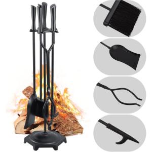 imageFEED GARDEN Fireplace Tools Set 5 Pieces Modern 32 Inch Outdoor Wrought Iron Fireplace Accessories Set with Log Holder Poker Tong Shovel Brush Base Black