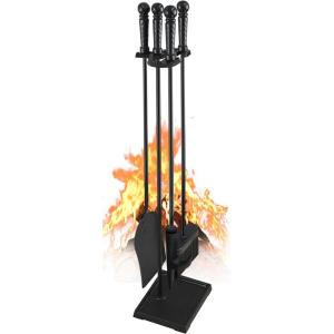 imageFEED GARDEN Fireplace Tools Set Modern Indoor Outdoor Wrought Iron Fireplace Accessories Set Included Poker Shovel Brush BaseBlack