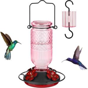 imageFEED GARDEN Glass Hummingbird Feeder for Outdoors Hanging 16 OZ Humming Birds Feeders with 4 Bee Guard Feeding Ports ampamp Builtin Ant Moat Bird Feeder for Outside Gifts for Women Mom RedPink