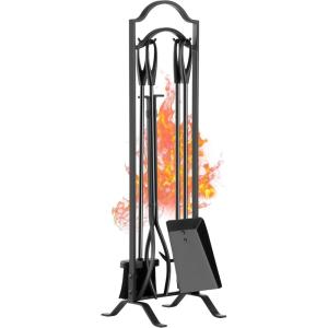 imageFEED GARDEN 29 Inch Fireplace Tools Set 5 Pieces Indoor Outdoor Wrought Iron Fireplace Accessories Set Wood Stove Fire Place Set with Heavy Duty TongsPokerShovelBrush and StandBlack