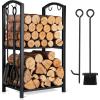 imageFEED GARDEN Firewood Rack Indoor Outdoor with Tools 5Piece Fireplace Tools Set Fireplace Log Holder HeavyDuty Steel Firewood Storage Rack for Fireplace Fire Pit Wood StoveBlack 29quot H