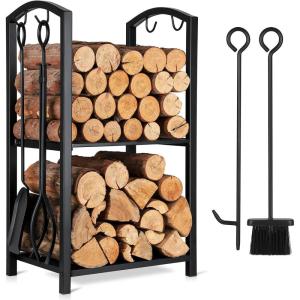 imageFEED GARDEN Firewood Rack Indoor Outdoor with Tools 5Piece Fireplace Tools Set Fireplace Log Holder HeavyDuty Steel Firewood Storage Rack for Fireplace Fire Pit Wood StoveBlack 29quot H
