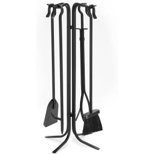 imageFEED GARDEN Fireplace Tools Set 5 Pieces Indoor Outdoor Black Wrought Iron Fire Place Poker Sets Shovel Brush Fireset Fire Pit Stand Wood Stove Log Tongs Accessories