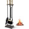 imageFEED GARDEN Fireplace Tools Set 5 Pieces Modern 30 Inch Outdoor Wrought Iron Fireplace Elegant Brass Handles Accessories Set with Poker Tongs Shovel Brush Base