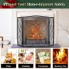 imageFEED GARDEN 3 Panel Fireplace Screen 48quot W x 29quot H Modern Foldable with Wrought Metal Decorative MeshBlack