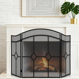 imageFEED GARDEN 3 Panel Fireplace Screen Wrought Iron 48quot W x 30quot H Foldable Heavy Duty Fire Spark Guard Cover with Metal Decorative Mesh for Living Room Home Decor Indoor Black