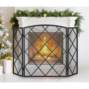 imageFEED GARDEN 3 Panel Fireplace Screen 48quot W x 29quot H Modern Foldable with Wrought Metal Decorative Mesh Black48 W x 30 H