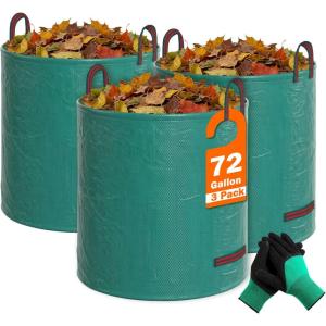 imageFEED GARDEN 72 Gallon Reusable Yard Waste Bags 3 Pack Heavy Duty Lawn and Leaf Bags with 4 Reinforced Handles Stand Up for Leaves Grass Clippings Debris Includes Gardening Gloves