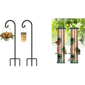 imageFEED GARDEN Adjustable 32 Inch Small Shepherd Hooks and 2 Pack 6Port Metal Tube Bird Feeders