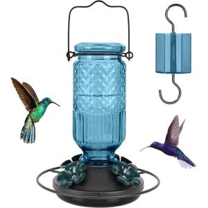 imageFEED GARDEN Glass Hummingbird Feeder 16 oz Hanging Outdoor Feeder with BeeProof Ports Ant Moat Leakproof Easy to Clean amp Refill 360 Perch PurpleBlue