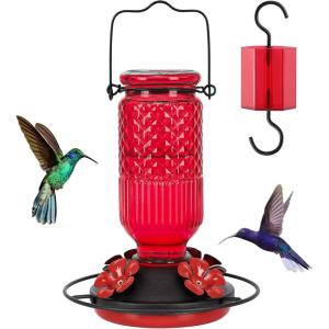 imageFEED GARDEN Glass Hummingbird Feeder 16 oz Hanging Outdoor Feeder with BeeProof Ports Ant Moat Leakproof Easy to Clean amp Refill 360 Perch PurpleRed