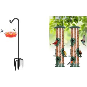 imageFEED GARDEN Upgrade Version Adjustable Shepherds Hook Bird Feeder and Metal Tube Bird Feeders for Outdoors Hanging 2 Pack 6Port